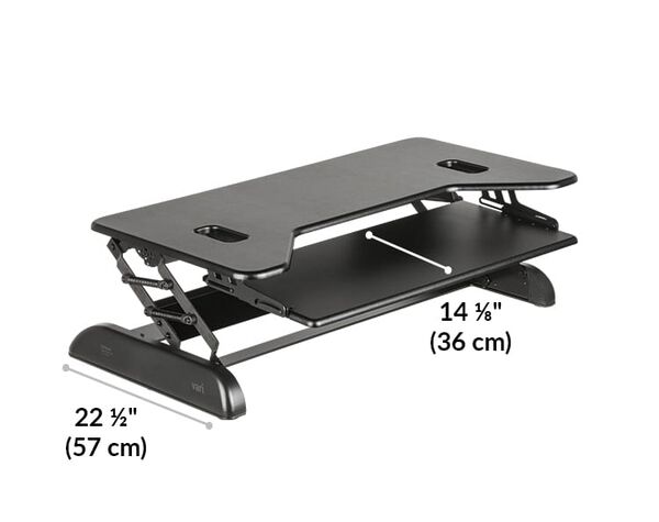 VariDesk Cube Plus 40 base length 22 and a half inches or 57 centimeters. Keyboard deck length 14 and 1 eighth inches or 36 centimeters. 