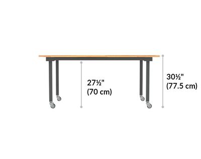 vari conference table in 30 and a half inches tall and has 27 and a half inches of space from the ground to under the table