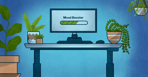 illustration of electric standing desk surrounding by plants