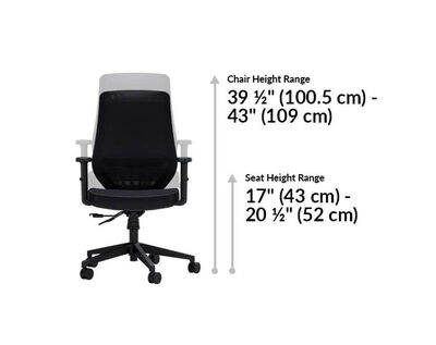 Vari essential task chair height ranges from 39 and a half to 43 inches. Seat height ranges from 17 to 20 and a half inches.
