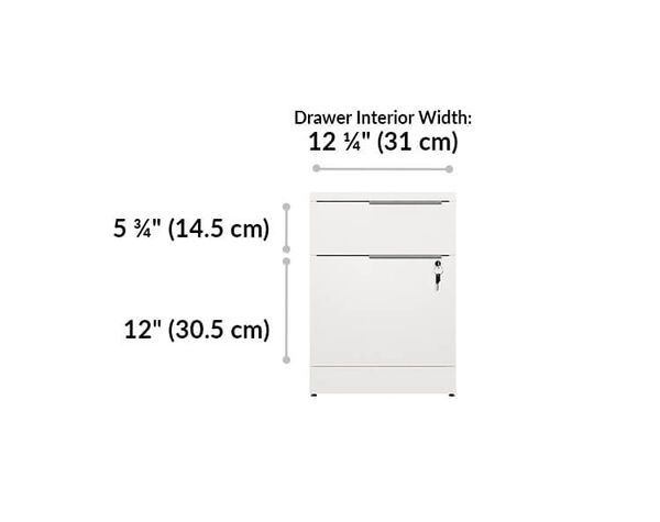 executive file cabinet drawers are 12 and a quarter inches wide. Top drawer is 5 an three quarter inches tall and bottom drawer is 12 inches tall