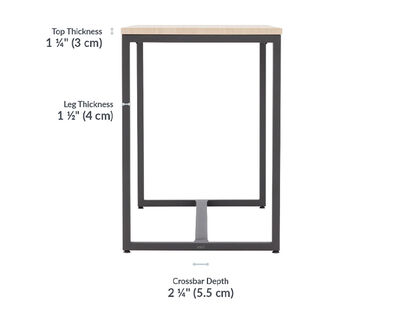 Tabletop thickness is 1 and a quarter inches. Leg thickness is 1 and a half inches.