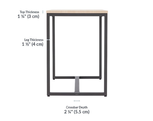  Tabletop thickness is 1 and a quarter inches. Leg thickness is 1 and a half inches.