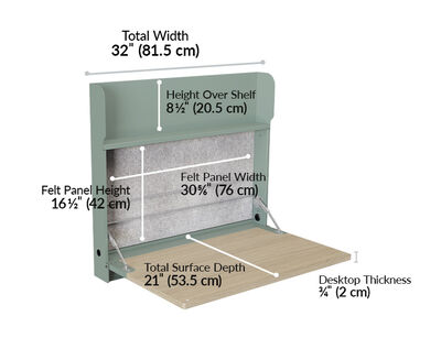 Hide-away desk has a total width of thirty two inches and surface depth of twenty one inches