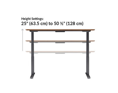 Electric Standing Desk 72x30 walnut with black legs height settings range from 25.5 inches to 50.5 inches tall