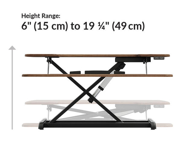 Dimension image shows that the desk converter rises to a max height of nineteen and one fourth inches