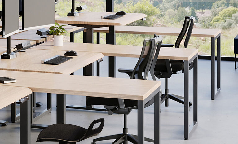 Open office layout with 3 vari tables 60 by 30