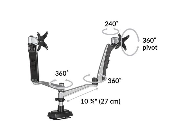 Dual Monitor Arm features 360 degree monitor rotation