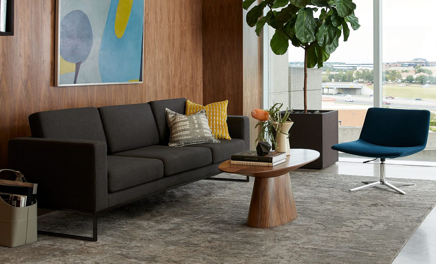 navy lounge chair in office setting