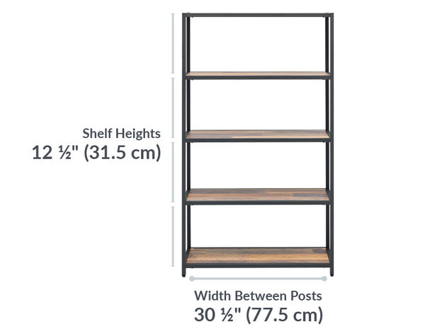 vari 5-tier shelf is 12 and a half inches tall between each shelf and 30 and a half inches wide from post to post