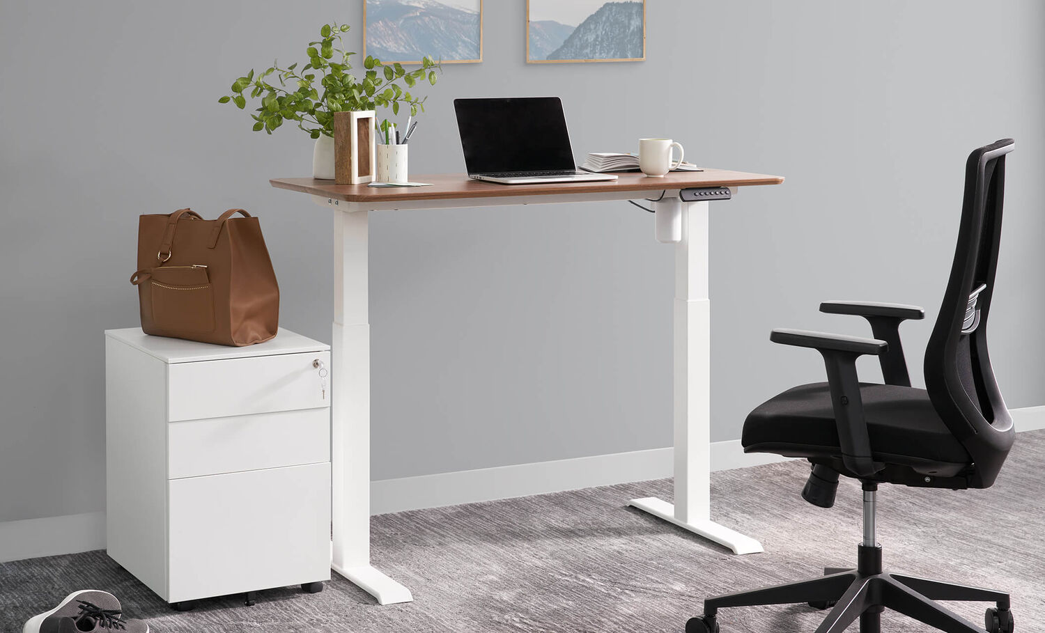 Essential Split Top Electric Standing Desk 48x24 in hazelwood used to create a budget friendly home office