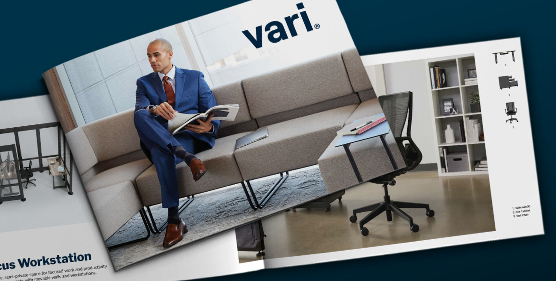 cover of lookbook features professional seated on sectional sofa in office 