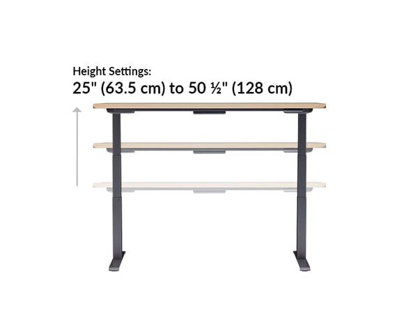 Electric Standing Desk 72x30 Light Wood height settings range from 25 inches to 50.5 inches tall