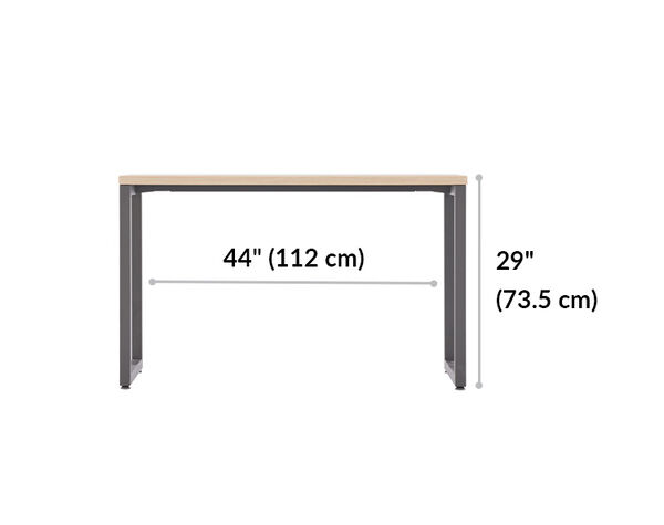 vari table leg inset measures 44 inches with a 29 inch desk height from table base to tabletop