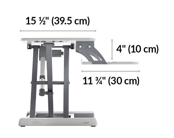 White desk converter side-view diagram showing top shelf depth fifteen and one-half inches, keyboard tray drop four inches, and keyboard tray depth eleven and three-quarters inches.