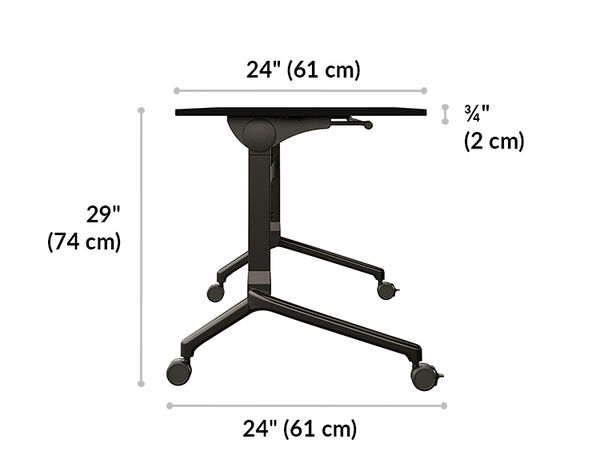 flip top training table is 29 inches tall and 24 inches deep. Caster depth is 24 inches and desktop is 3 fourths inch thick