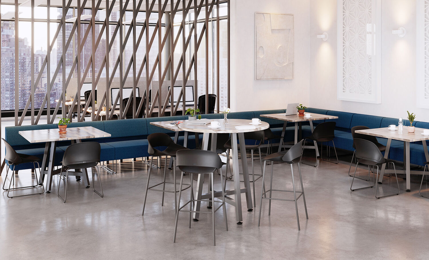 sand grey cafe chairs around round table in lounge setting