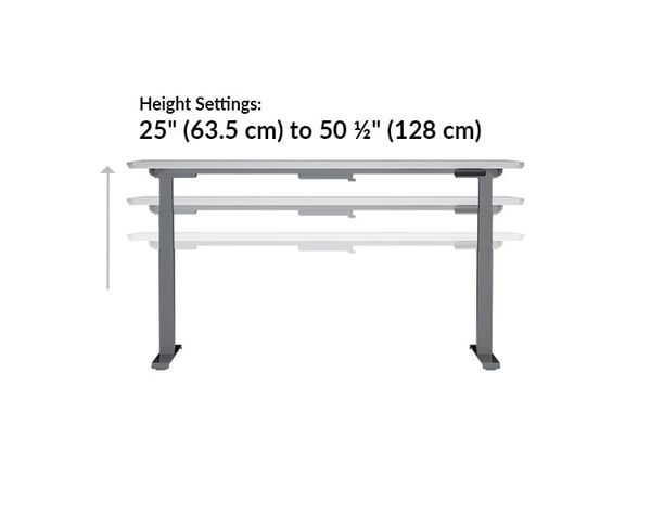 The height settings of the Electric Standing Desk 72x30 White range from 25.5 inches to 50.5 inches tall