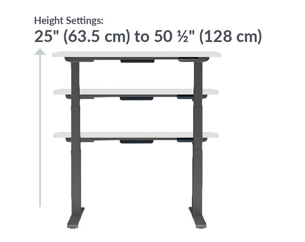 The base of the Electric Standing Desk with ComfortEdge 48x30 White Slate goes from 25 inches to 50.5 inches tall