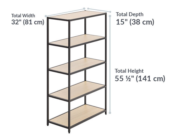vari 5 tier shelf has a total height of 55 and a half inches and a total depth of 15 inches