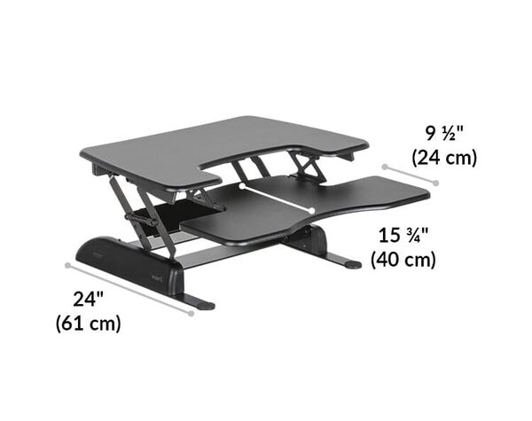 Dimension image shows the base of the desk riser is 24 inches deep