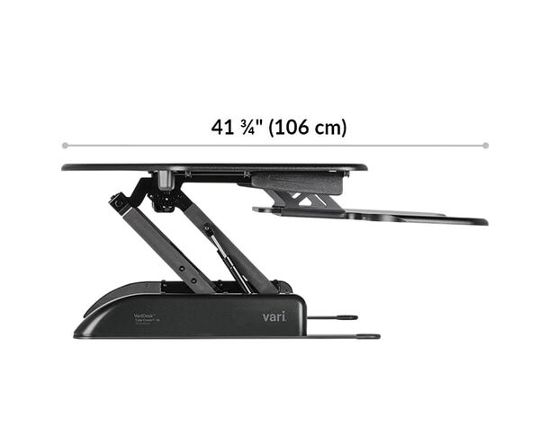 VariDesk Cube Corner 36 length 41 and 3 quarter inches or 106 centimeters.