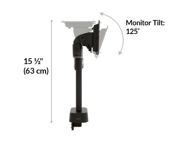 Single arm side-view diagram showing height fifteen and one-half inches and monitor tilt of one hundred twenty-five degrees.