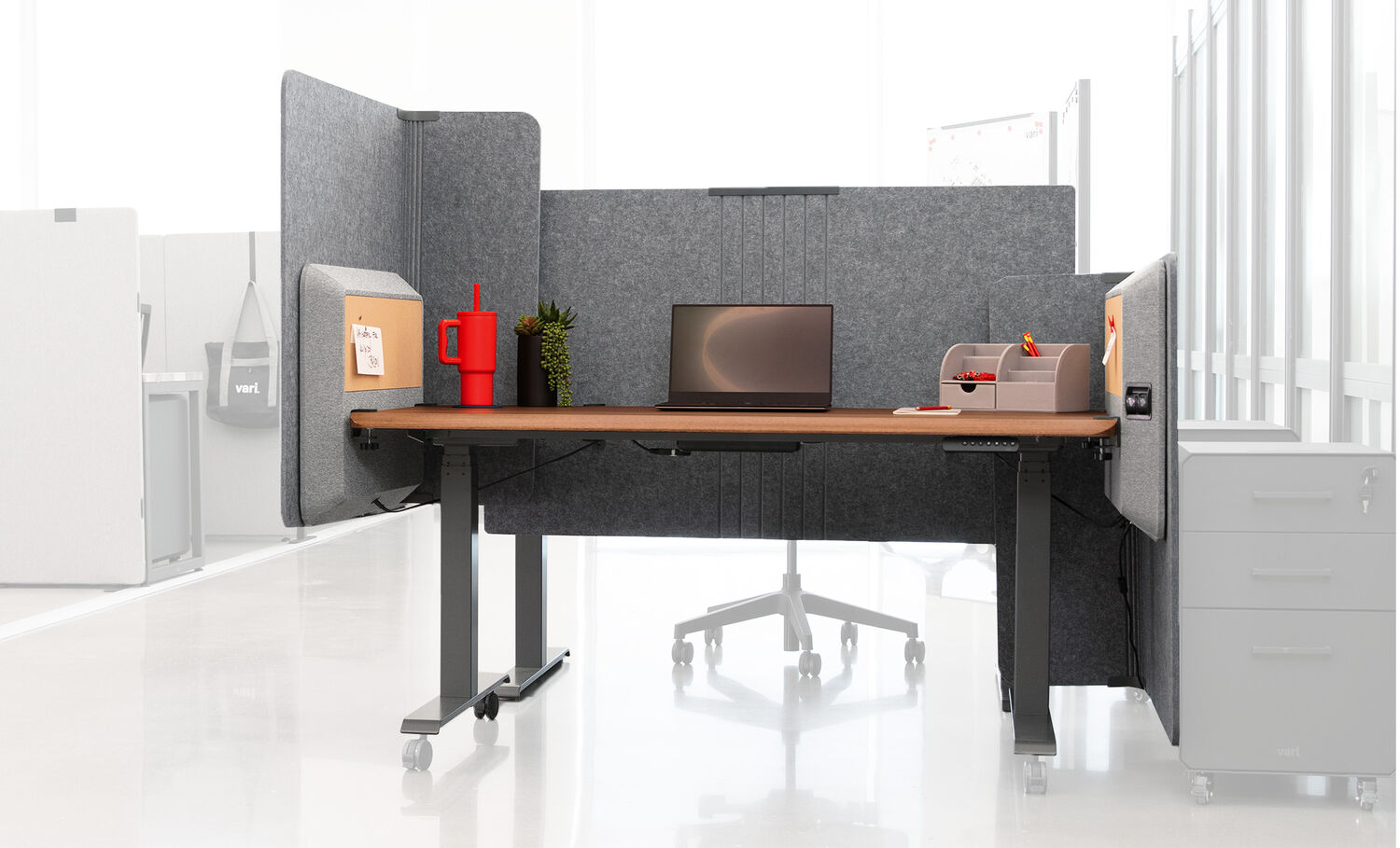 standing desk with the varifocus electric raised on one side