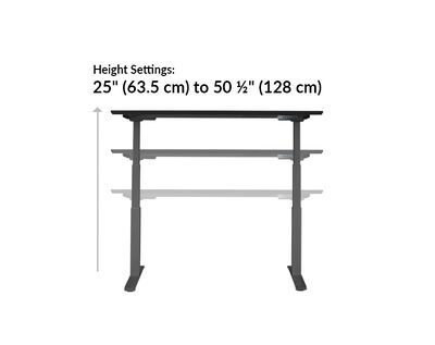 Vari electric standing desk height settings range from 25 to 50 and a half inches