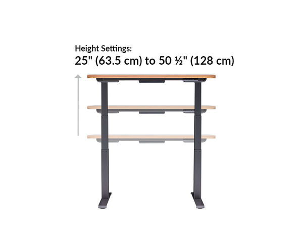 The base of the Electric Standing Desk with ComfortEdge 48x30 Butcher Block goes from 25 inches to 50.5 inches tall