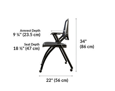 nesting training chair height is 34 inches. Armrest depth is 9 and a quarter inches, seat depth is 18 and a half inches. Total depth is 22 inches.