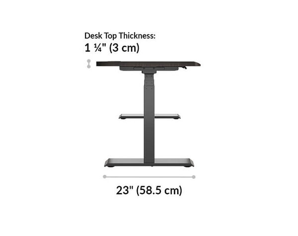 The t-style legs of the Ergo Electric Standing Desk 54x26 have a base of 23 inches