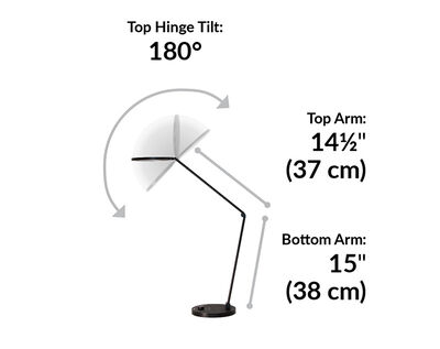LED Studio Lamp top hinge tilt is 180 degrees. Top arm is 14 and a half inches long. Bottom arm is 15 inches long.