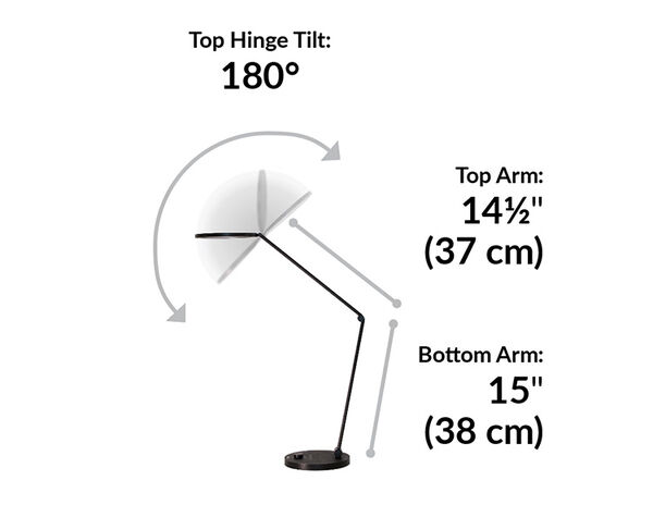 LED Studio Lamp top hinge tilt is 180 degrees. Top arm is 14 and a half inches long. Bottom arm is 15 inches long.