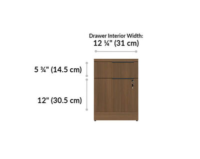 executive file cabinet drawers are 12 and a quarter inches wide. Top drawer is 5 an three quarter inches tall and bottom drawer is 12 inches tall