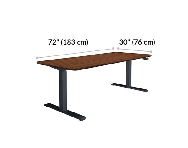 Electric Standing Desk 72x30 Darkwood is 72 inches wide and 30 inches deep