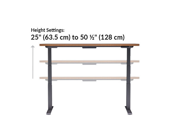 The height settings of the Electric Standing Desk 72x30 Walnut range from 25 inches to 50.5 inches tall