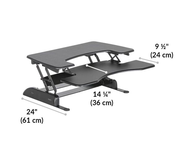 Dimension image shows that the base of the desk riser is 24 inches deep