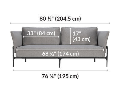 contemporary three seat sofa is 80 and a half inches long and the cushioned seat is 68 and a half inches long