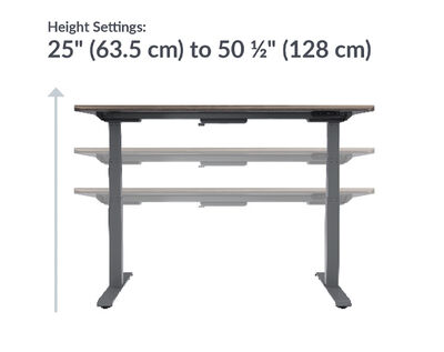 The base of the Electric Standing Desk with ComfortEdge™ 60x30 espresso wood and slate goes from 25 inches to 50.5 inches tall