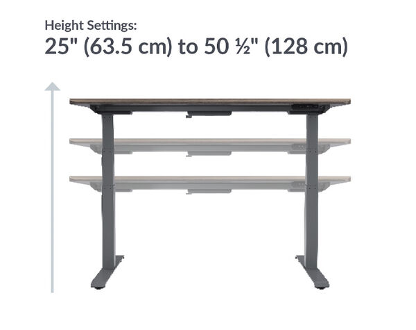 The base of the Electric Standing Desk with ComfortEdge™  60x30 espresso wood and slate goes from 25 inches to 50.5 inches tall