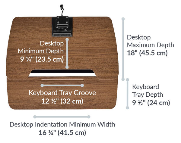 the desktop indentation minimum width is 16 and a quarter inches wide and the keyboard tray depth is 9 and a half inches deep