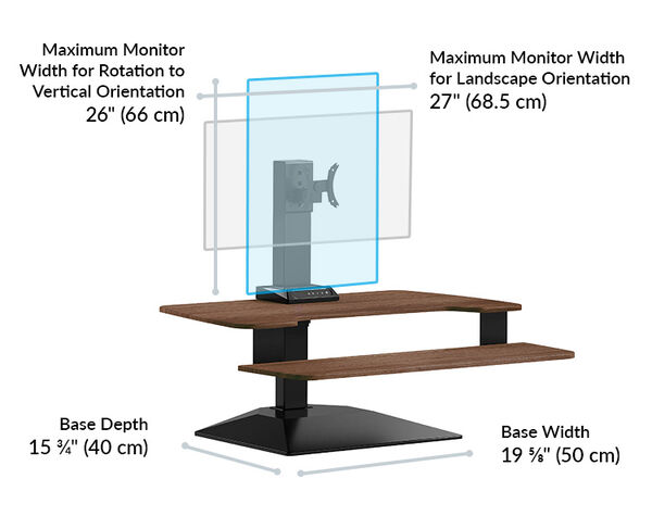 The maximum monitor width for rotation to vertical orientation is 24 inches and the base depth is 15 and three quarters deep and 19 and five eights wide
