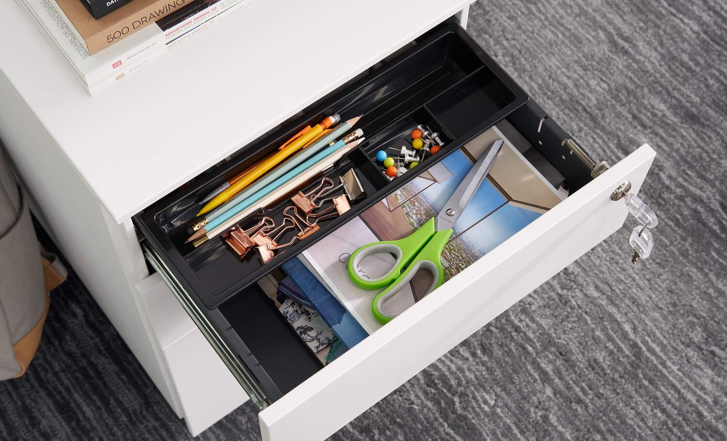 vari essential file cabinet drawer open