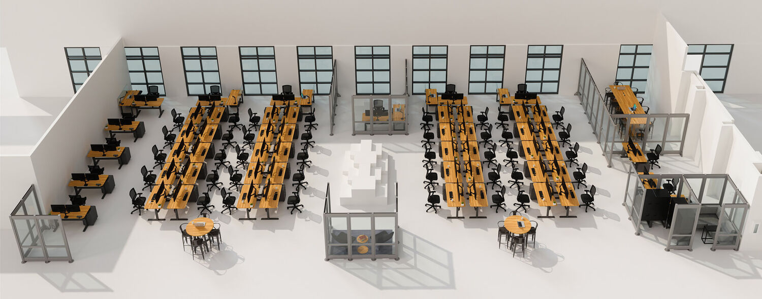 pre-covid layout of workspaces at Vari headquarters