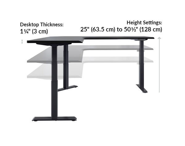 The L-Shape Electric Standing Desk black is 25 inches to 50 and a half inches tall