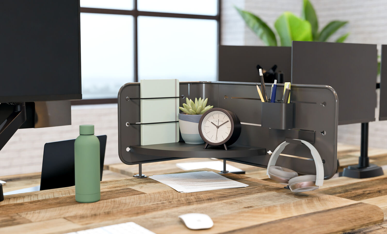 corner accessory panel installed on desk with accessories