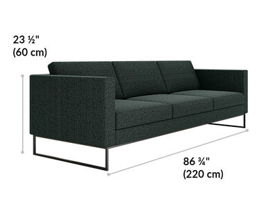 three seat sofa is 23 and a half inches tall and 86 and 3 quarter inches wide