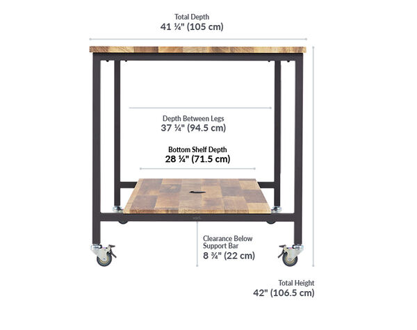 Standing conference table has a total depth of 41 1/4 inches , the depth between legs is 37 1/4, the bottom shelf depth is 28 1/4, the clearance below support bar is 8 and 3/4 inches, and the total height is 43 inches