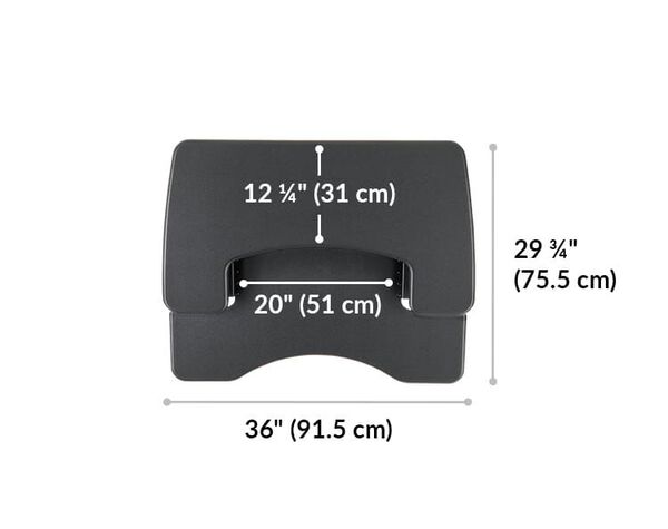 Dimension image that shows the surface area of the desk is 36 inches wide and 29.75 inches deep